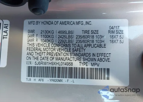 2017 Honda Cr-V Touring from USA, damaged, VIN 5J6RW1H9XHL014958